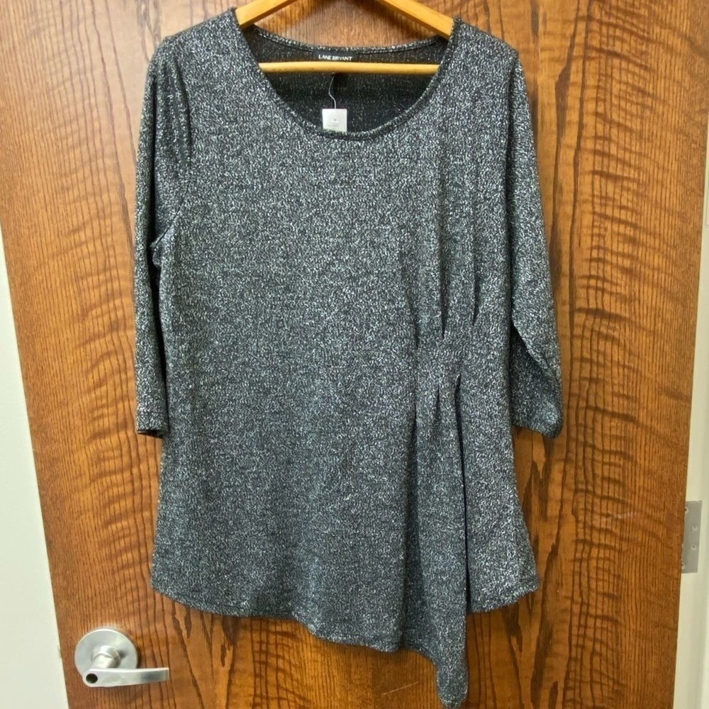 Lane bryant black and silver asymmetrical scoop neck, pleated side tunic sweater